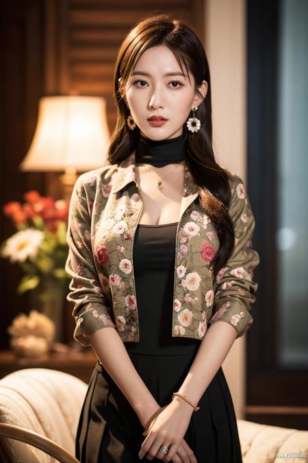 29504-3482347238-Li Yunsi,1girl,pleated skirt,jewelry,turtleneck,earrings,brown hair,necklace,long hair,brown eyes,(floral shirt_1.2),shirt,best.png